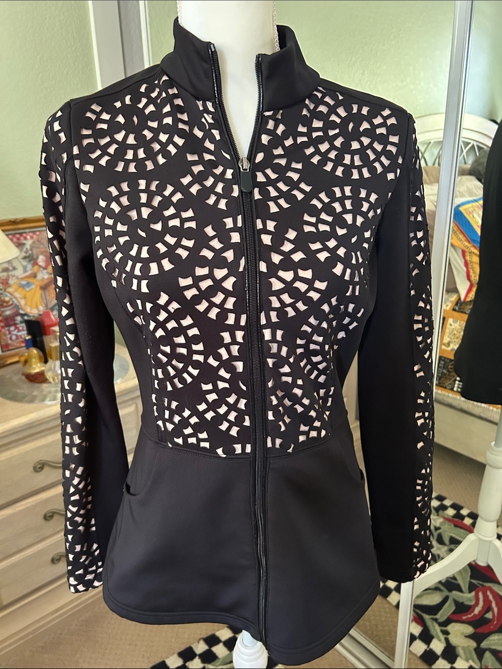 Boston Proper Black Jacket with Cream Laser-Cut Panels